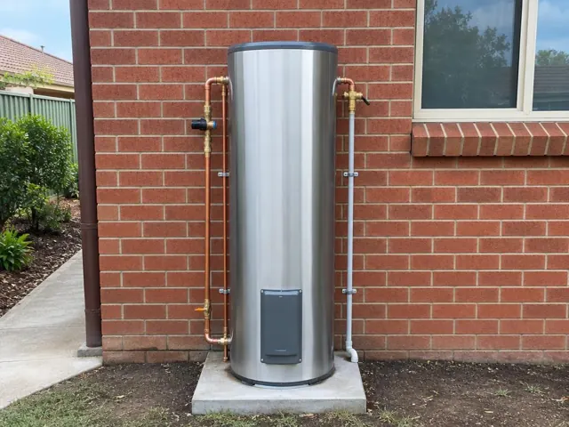 New hot water cylinder on a concrete pad beside a brick house wall with neat exposed pipework in Kurri Kurri