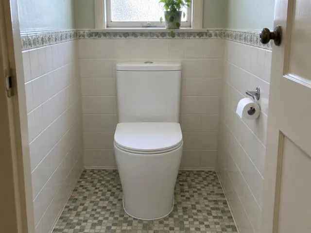 White toilet in a tiled small bathroom with patterned border and window in Kurri Kurri